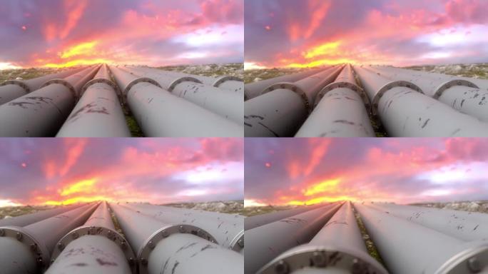 日落天空背景上的工业天然气管道。