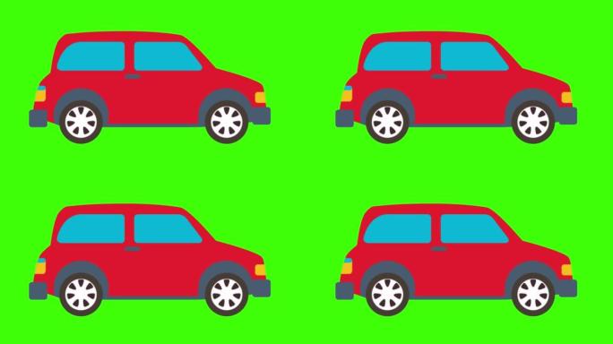 彩色简单动画的红色复古前铰链汽车隔离在绿色屏幕上4k