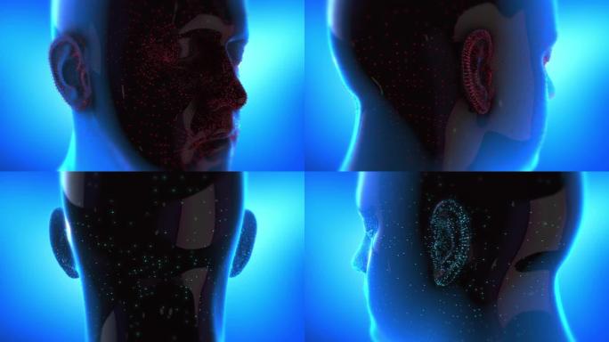 未来派机器人人脸分析生物特征识别。脸上的小传感器。