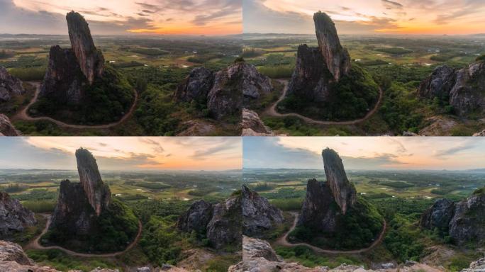 宋卡府考库哈的延时日出场景。有绿色林木的山。泰国的自然景观背景。黄山