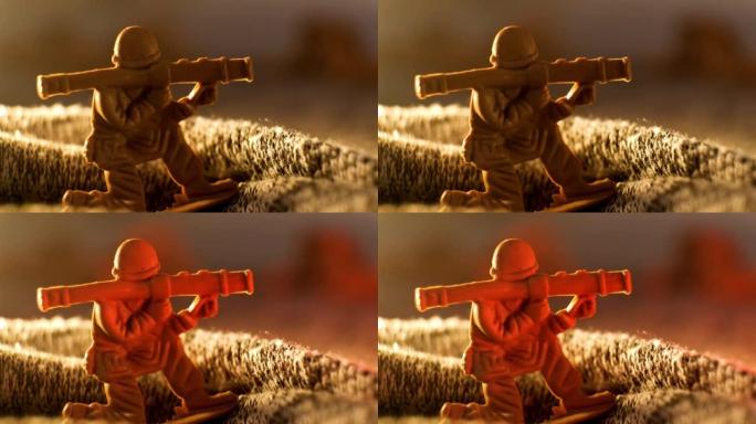 一个带着榴弹发射器的玩具士兵，在一个假想的战场上，红灯闪烁。夜战的概念