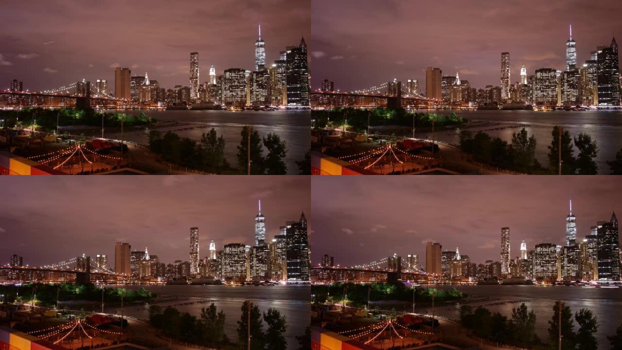 纽约布鲁克林4k延时的曼哈顿夜光景观