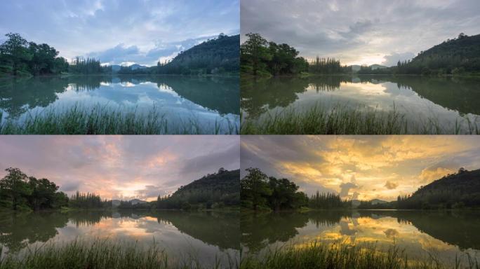 泰国宋卡府Liwong村的湖泊和松树日出场景