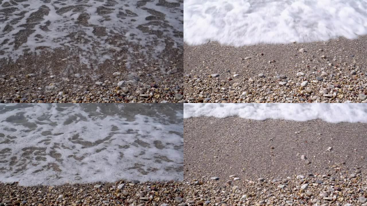 白色鹅卵石海滩背景下的泡沫透明海浪