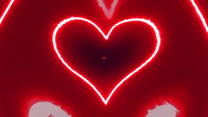 红色霓虹心粒子隧道抽象浪漫情人节发光灯光背景4k。情人节快乐背景心脏接缝环与镜头变形Fx