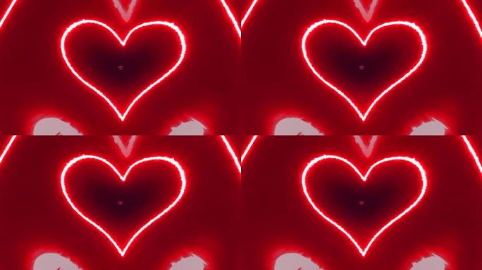 红色霓虹心粒子隧道抽象浪漫情人节发光灯光背景4k。情人节快乐背景心脏接缝环与镜头变形Fx