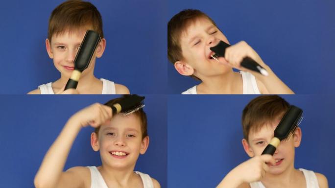 一个7-8岁快乐的高加索男孩的肖像在浴室里唱歌，在蓝色背景上梳理。孩子在浴室里欢快地唱歌。早上好，孩