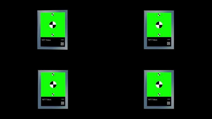 NFT数字收藏卡，绿屏隔离在黑色背景上。3d渲染动画与色度键为样机。3D动画。屏幕上有跟踪标记。