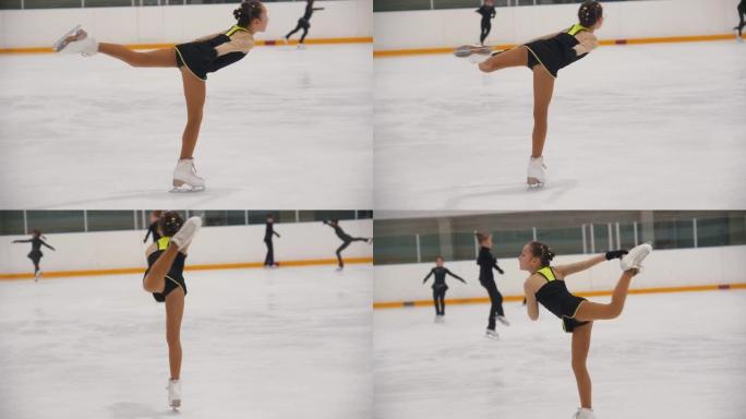 一个小女孩在公共溜冰场上训练花样滑冰-当场表演旋转