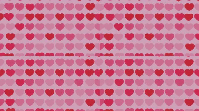 粉红色背景上的心形图案。3d渲染无缝循环动画背景。情人节浪漫背景节日概念
