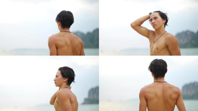 夏季日落时，4k年轻的亚洲男子在热带泻湖岛海滩的海里游泳。