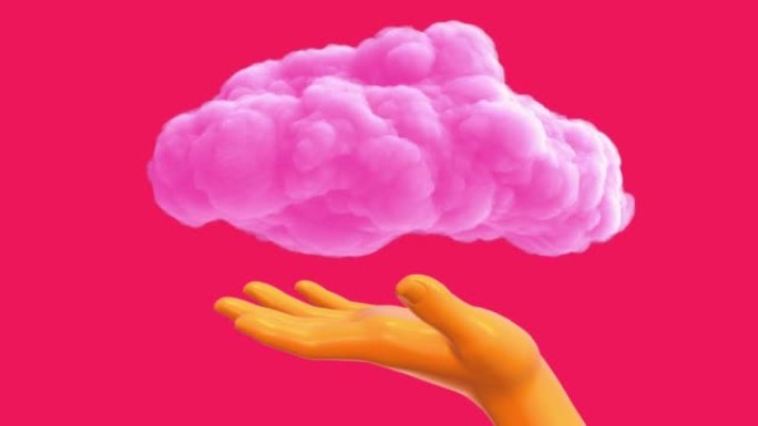 黄色的人类手拿着粉红色的云孤立在红色背景上。人的社会联系和心理关系的概念。超现实的3d数字动画。