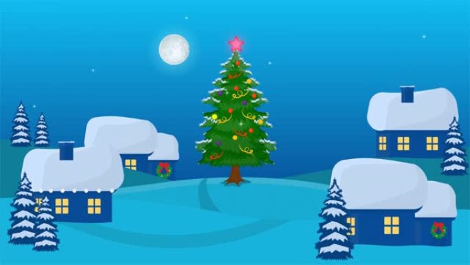 圣诞风景。卡通装饰圣诞树和房屋的动画。卡通
