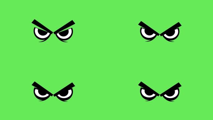 动画情感的眼睛在绿色背景上显示出愤怒的孤立。