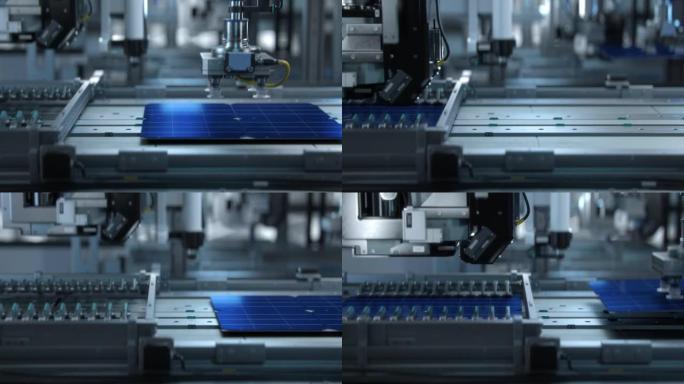 在先进工厂的太阳能电池板生产过程中，太阳能电池板电池正在输送机上移动和测试