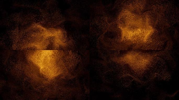 黑色背景上金沙传播的抽象图案。橙色点云在黑暗中旋转。虚拟数据。VJ循环运动背景。4k动画-3D渲染