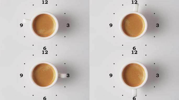 一杯新鲜芳香咖啡，带克丽玛，在白色背景上旋转，带钟面，顶视图。咖啡时间的概念。