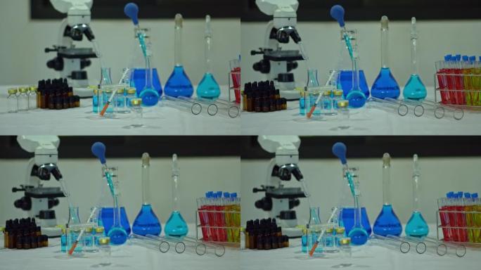 4k视频实验室设备和科学实验实验室设备和玻璃管实验和显微镜