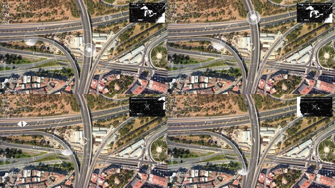 鸟瞰图:自动驾驶汽车穿过城市，超车。动画扫描可视化概念:人工智能数字化和分析前方道路