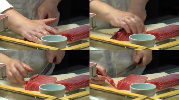 厨师切金枪鱼肉，日本东京