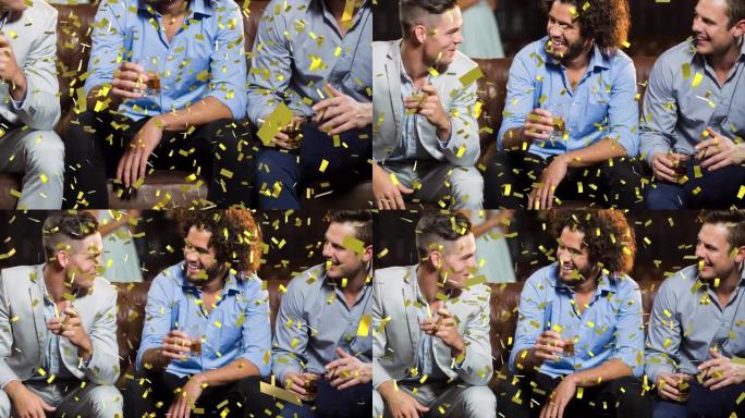 黄金五彩纸屑掉落的动画快乐的一群朋友在酒吧喝酒