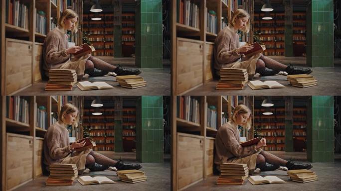 书友概念。年轻认真的女学生读书，坐在图书馆地板上的书堆中，空无一人