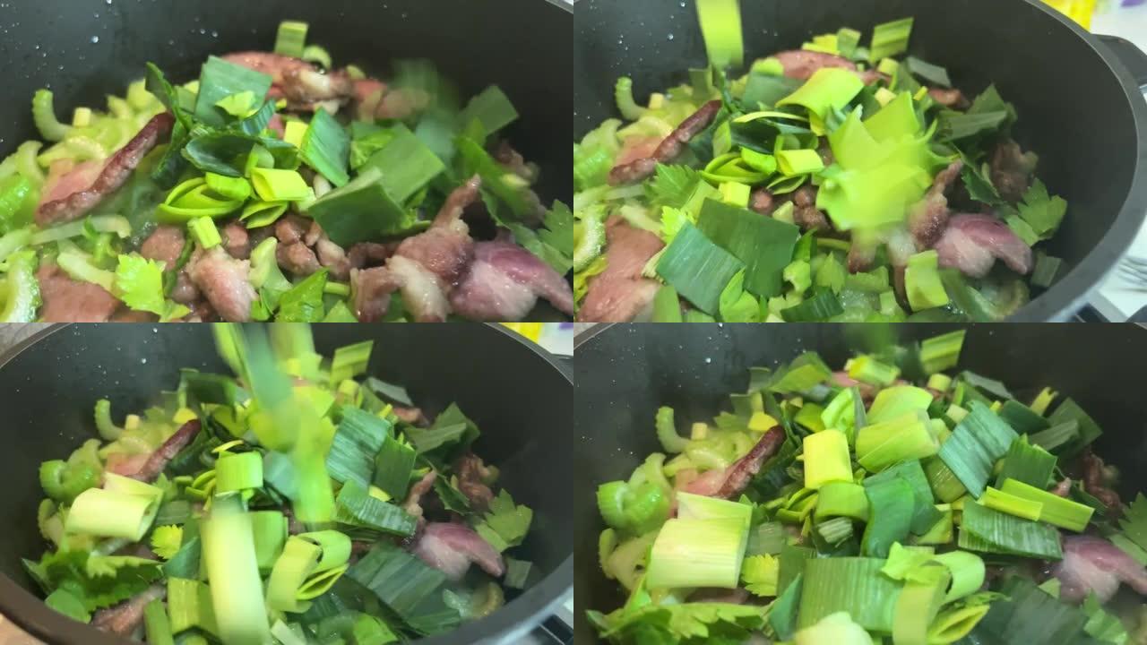 亚洲美食越南热沙拉从切片到油炸芹菜韭菜猪肉或牛肉和香菜的整个烹饪过程非常美味
