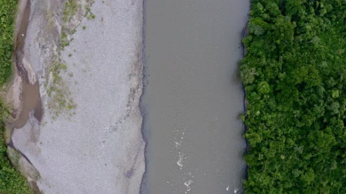 pastaza河，海滩，水和树木的三种对比颜色