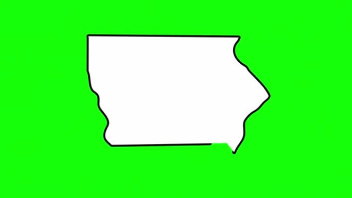 美国爱荷华州，指针在首都得梅因。从美国地图突出显示的爱荷华州动画特写地图。缩放州选举、社会信息、新闻