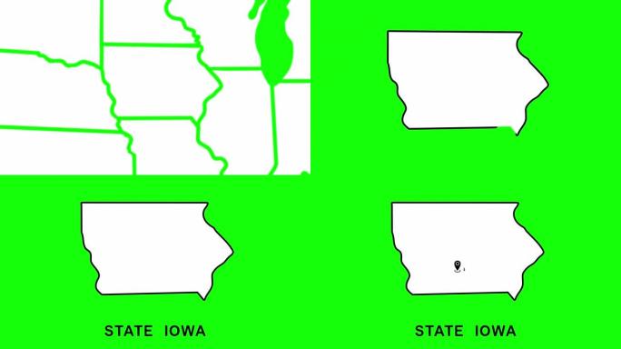 美国爱荷华州，指针在首都得梅因。从美国地图突出显示的爱荷华州动画特写地图。缩放州选举、社会信息、新闻