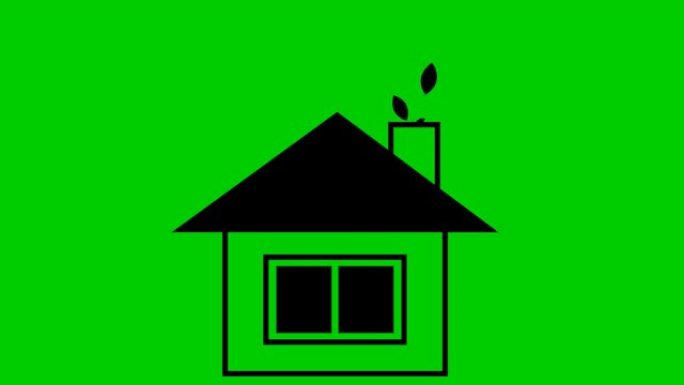平面生态图标。有烟囱叶子的黑房子。可再生能源、绿色技术、生态、绿色能源的概念。矢量插图孤立在绿色背景