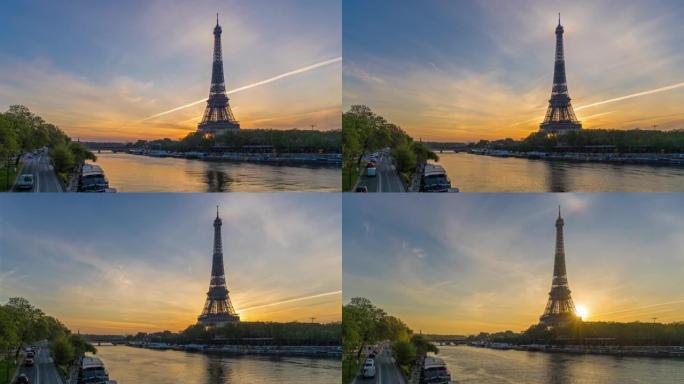巴黎埃菲尔铁塔后面有塞纳河和船只的多彩日出