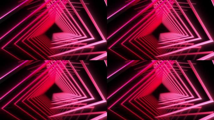 3d渲染，抽象的几何背景，发光的霓虹灯，旋转的形状可循环
