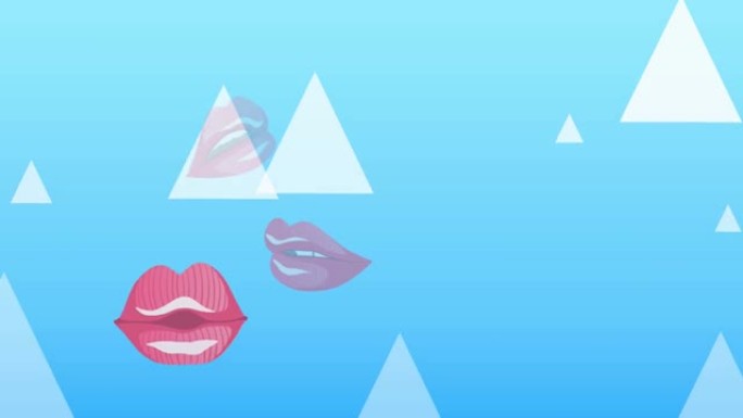 蓝色背景上的嘴唇图标和白色三角形的动画