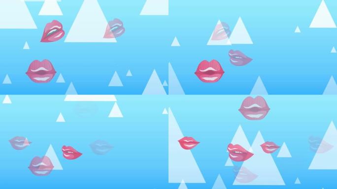 蓝色背景上的嘴唇图标和白色三角形的动画