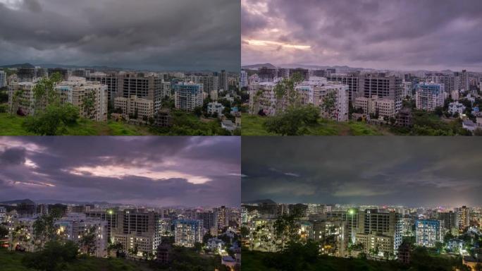 印度马哈拉施特拉邦浦那的美丽城市景观、戏剧性的云层和昼夜时光流逝
