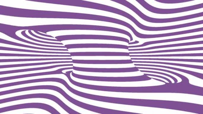 白色和紫色螺旋3D背景动画。斑马线背景