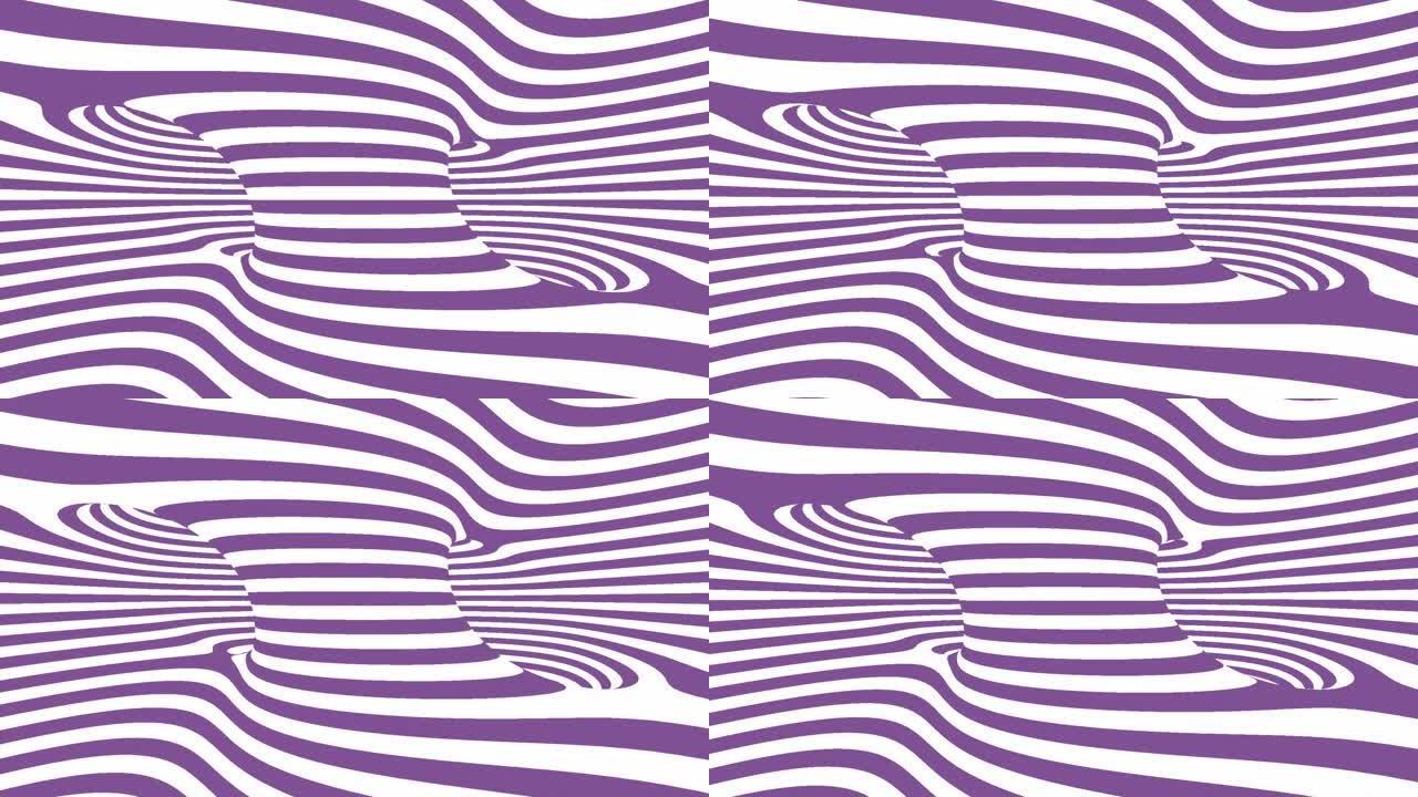 白色和紫色螺旋3D背景动画。斑马线背景