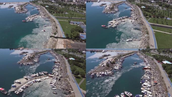 土耳其伊斯坦布尔马尔马拉海沿岸港口附近海岸粘液的鸟瞰图。
