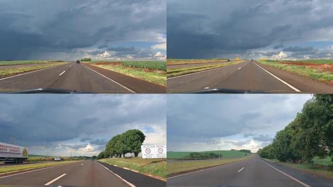 从巴西巴拉那州农村地区的道路来看，汽车的视频时间流逝。