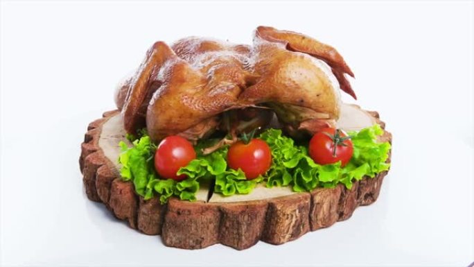 木制桌子上的蔬菜烤鸡
