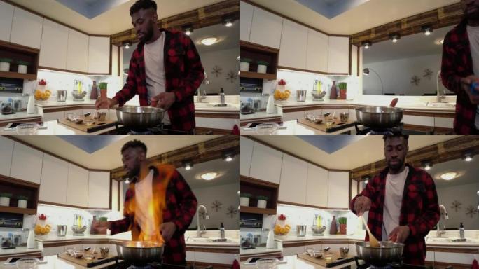 油炸白兰地博斯克梨家庭厨房烹饪发现压玩看DIY视频年轻黑人非洲男性美国西部视频系列
