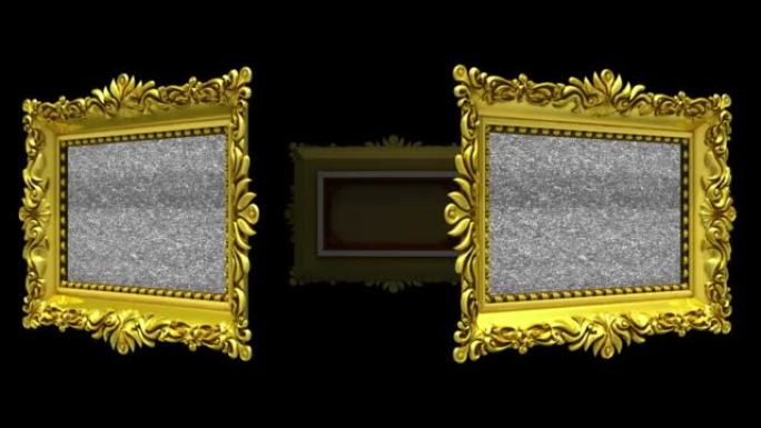 华丽的金色相框在黑色背景上旋转成一圈。无缝循环，带电视噪音和绿屏的3D动画。
