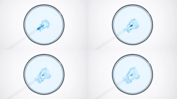 滴管在培养皿中向浅蓝色液体中注入蓝色液体