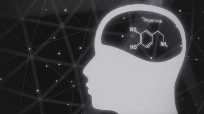 人头部多巴胺激素配方。带点背景的连接线。