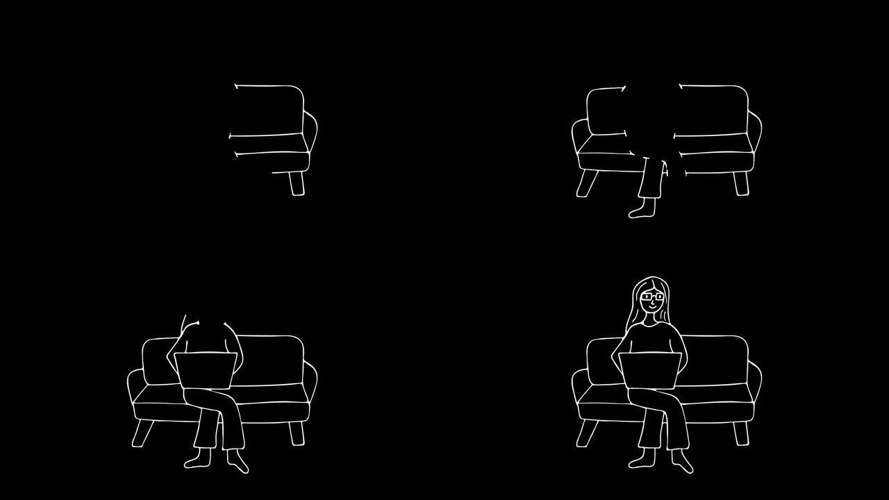 女人坐在沙发上，在笔记本电脑上工作的动画。女人角色坐在沙发上，在笔记本电脑上工作的涂鸦动画。