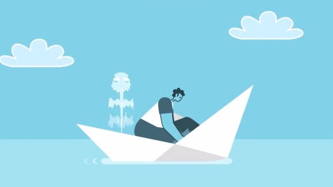 卡通男子在下沉的纸船上航行，挖出水。平面设计2d角色循环动画与阿尔法通道