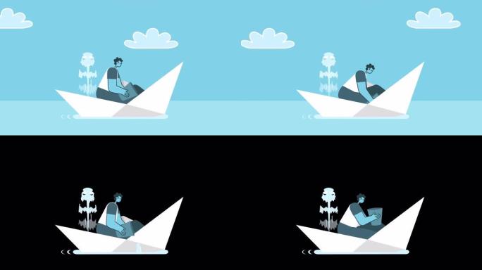 卡通男子在下沉的纸船上航行，挖出水。平面设计2d角色循环动画与阿尔法通道