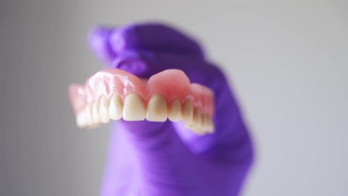 关闭牙本质学家手中的假牙。牙科保健保险概念。