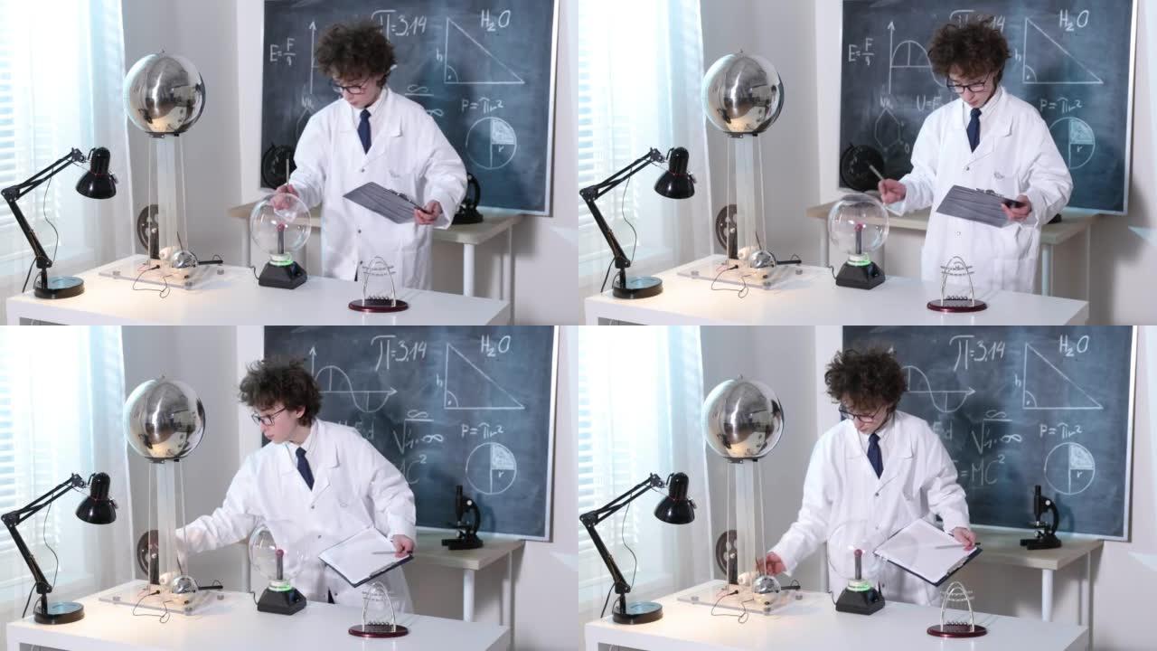 男生在物理课上做实验。在教室里做物理实验的年轻学生